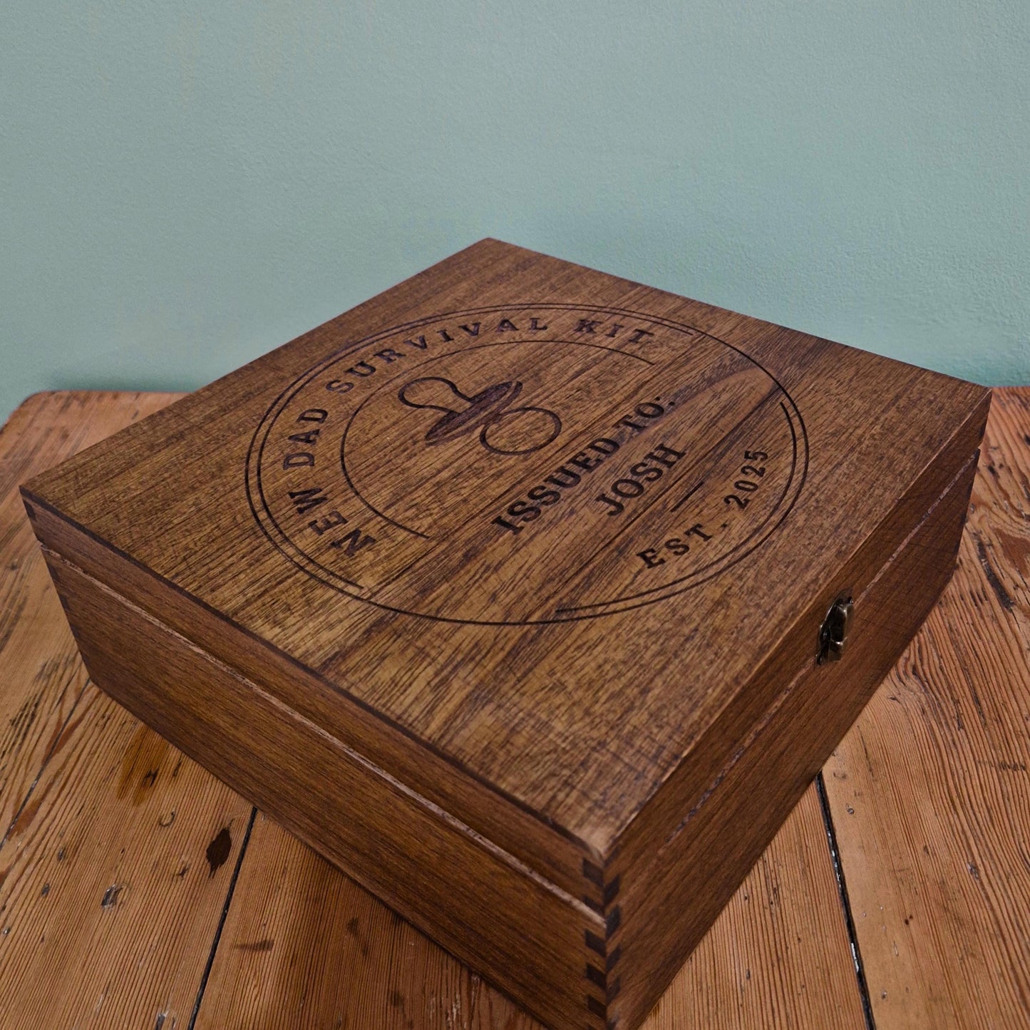 New Dad Survival Kit with Coffee or Tea Gift Set Options | Personalised First Fathers Day Baby Keepsake Memory Box Engraved Wooden Gift Box