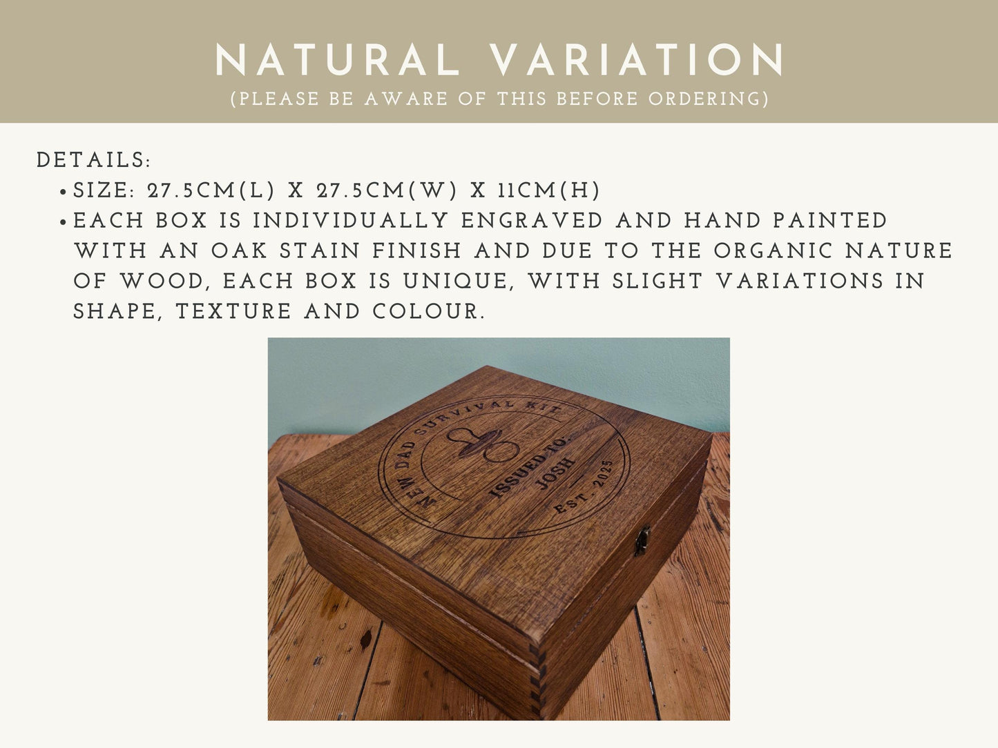 New Dad Survival Kit with Coffee or Tea Gift Set Options | Personalised First Fathers Day Baby Keepsake Memory Box Engraved Wooden Gift Box
