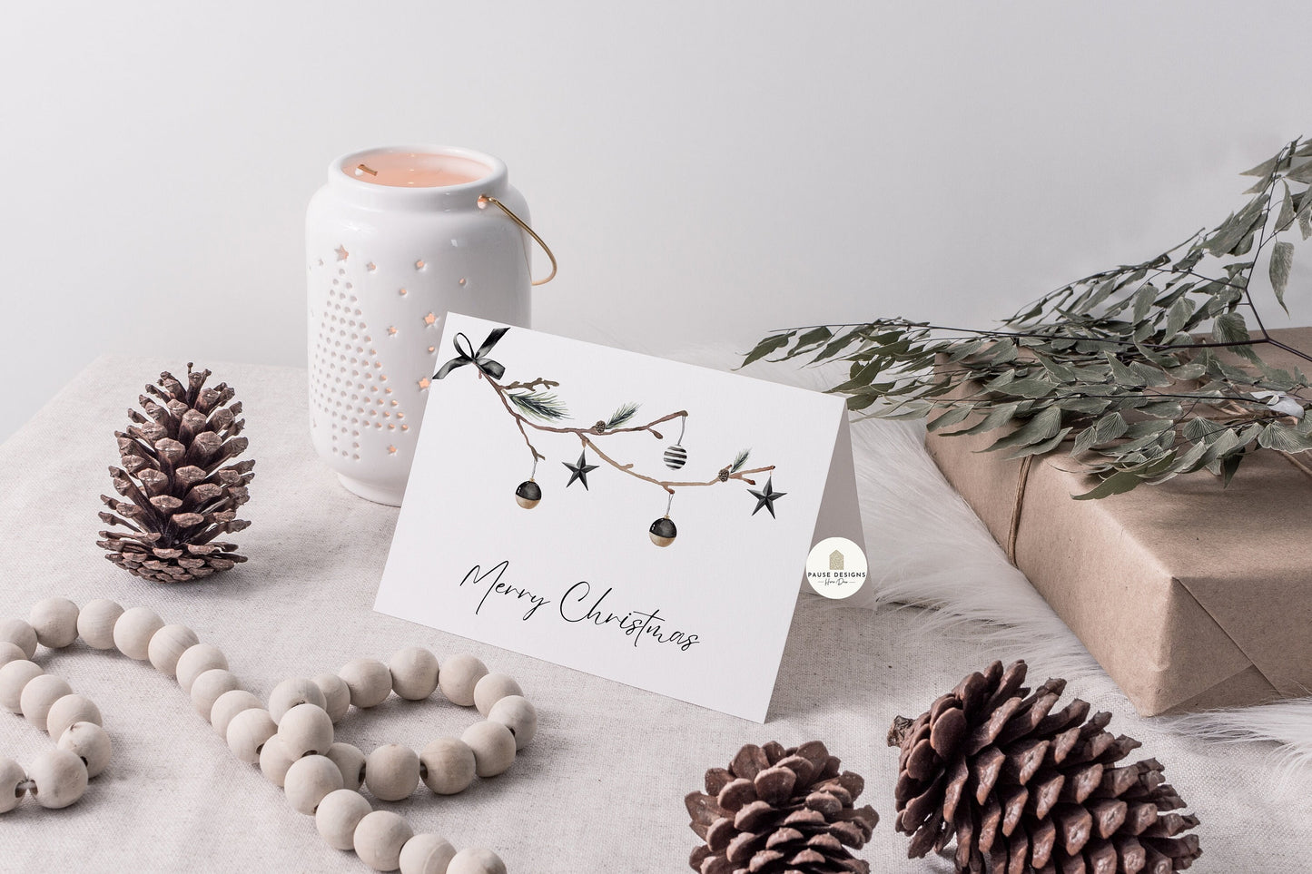 Monochrome Merry Christmas Tree Branch & Baubles Christmas Card | Christmas Card Wife | Christmas Card Husband | A6 Card | Christmas Card |