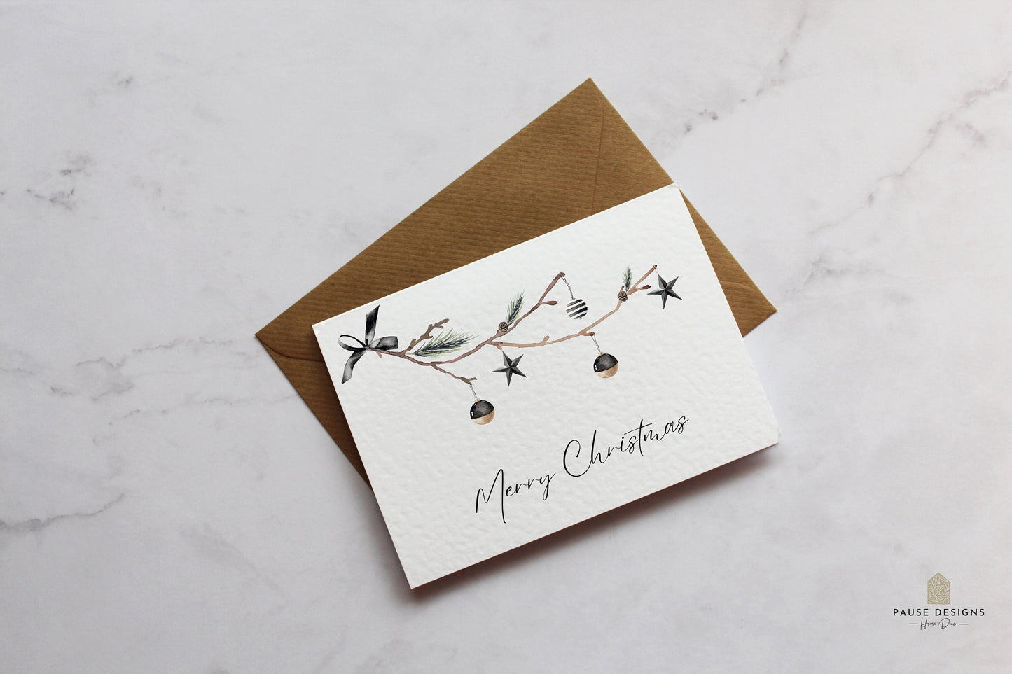 Monochrome Merry Christmas Tree Branch & Baubles Christmas Card | Christmas Card Wife | Christmas Card Husband | A6 Card | Christmas Card |