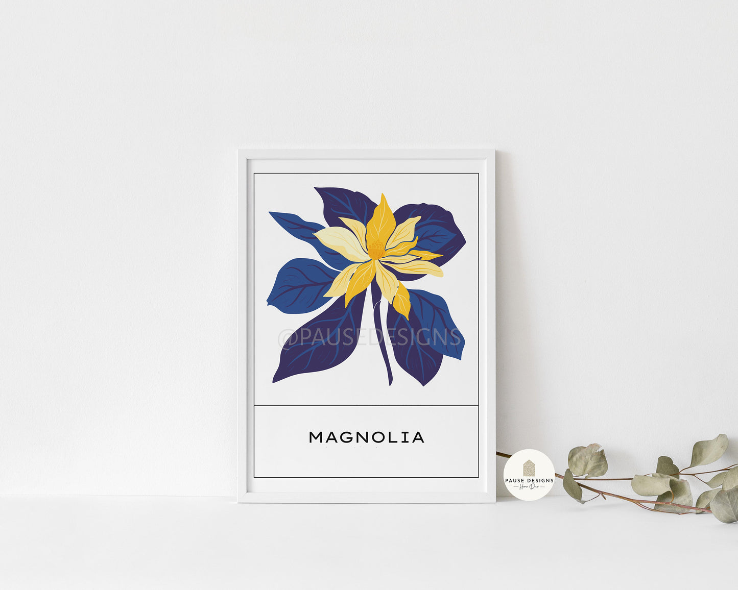 a picture of a blue and yellow flower on a white wall