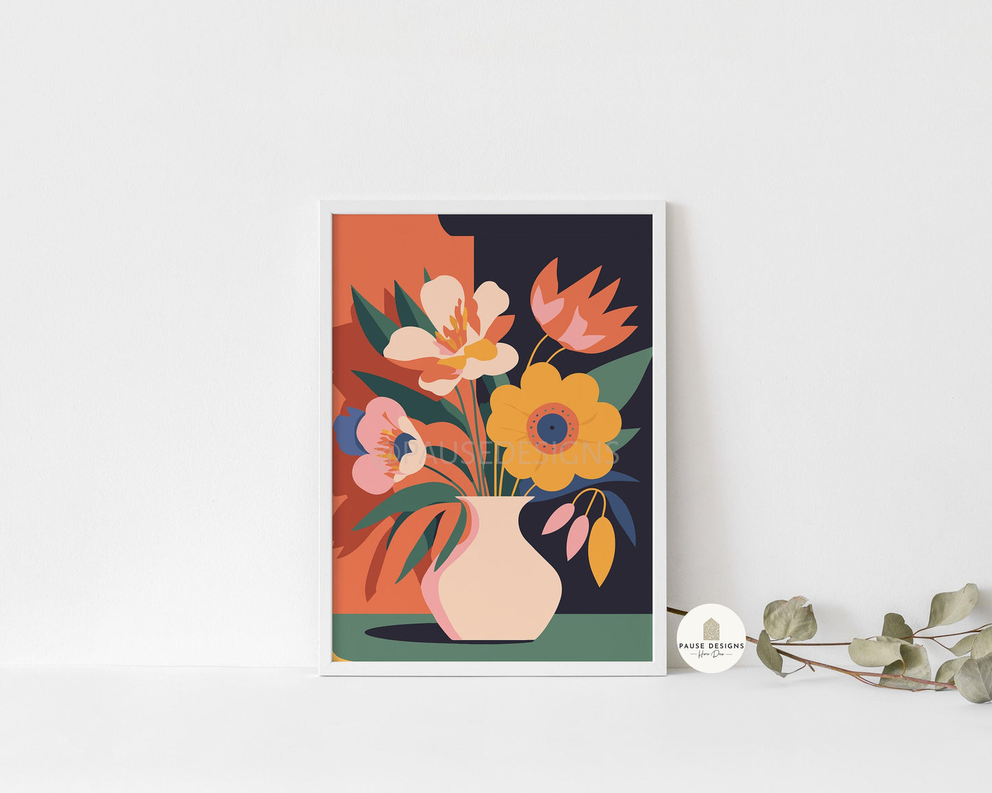 a picture of flowers in a vase on a shelf