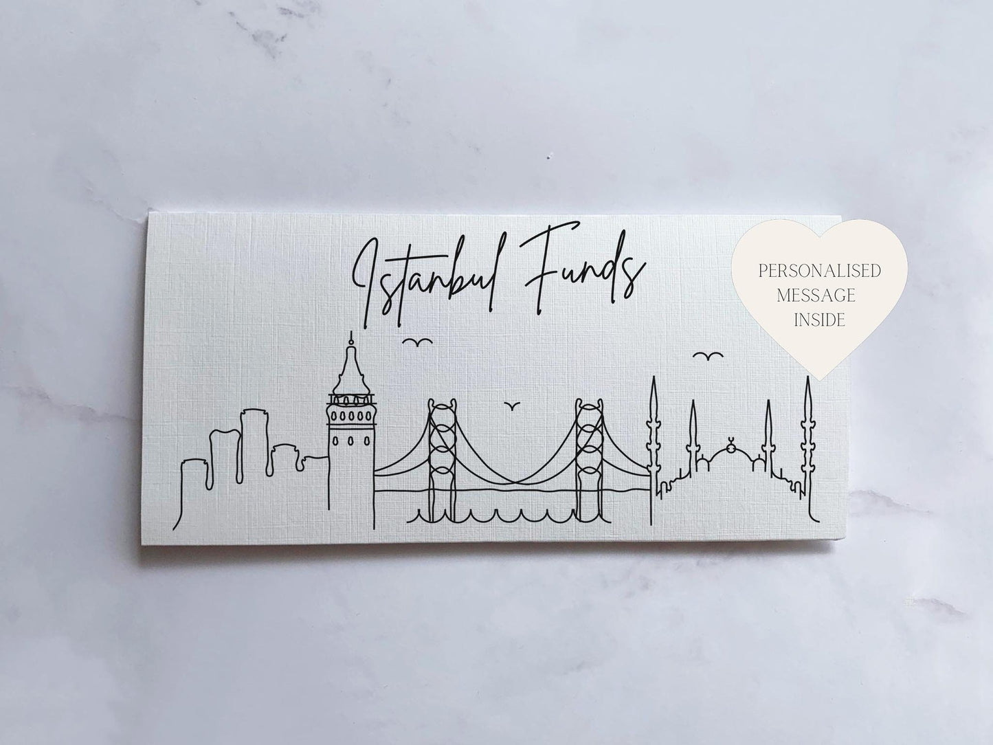 a card with a picture of a bridge and a heart