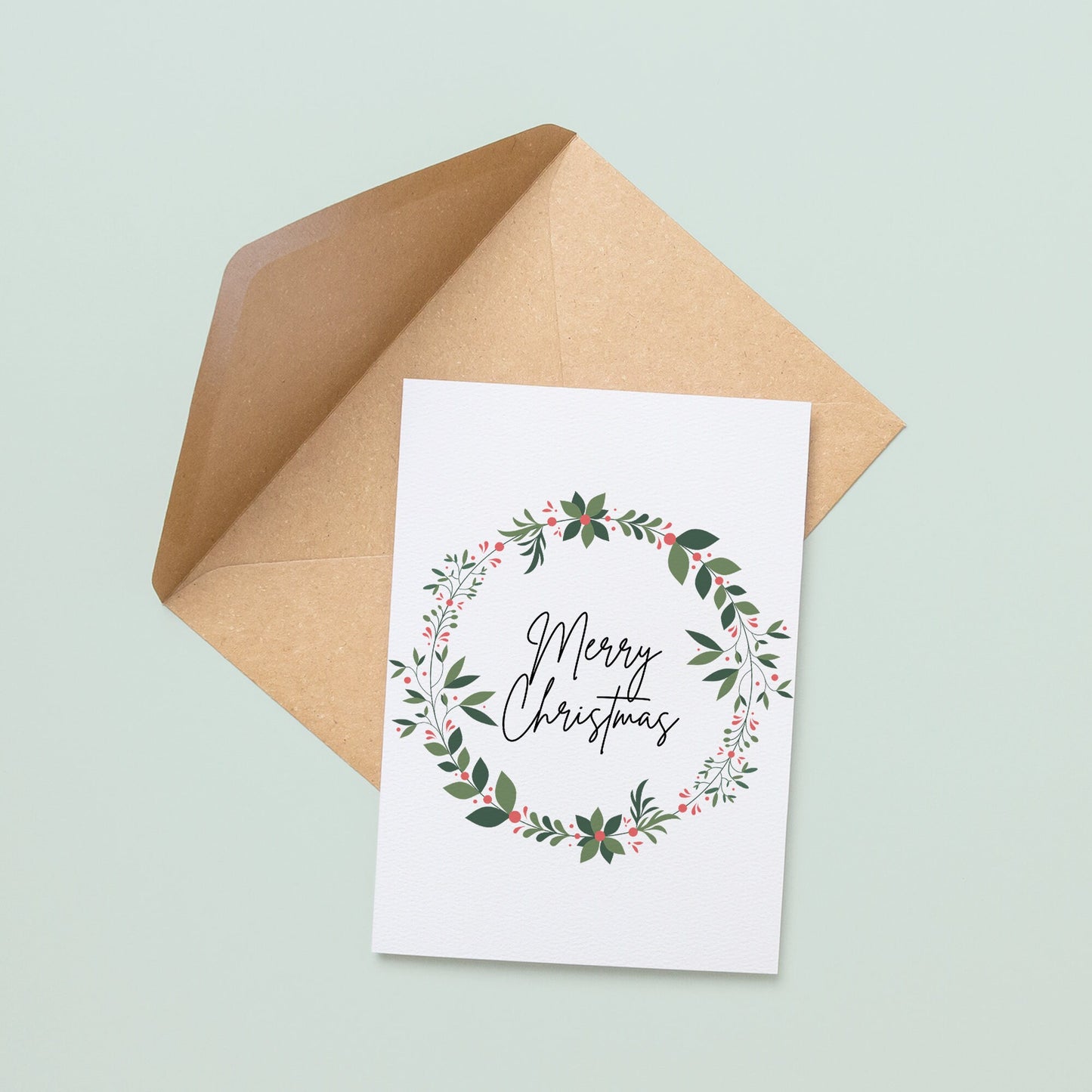 Merry Christmas Foliage Berry Wreath Christmas Card, Christmas Wreath, Cards For Her, Luxury Christmas Cards