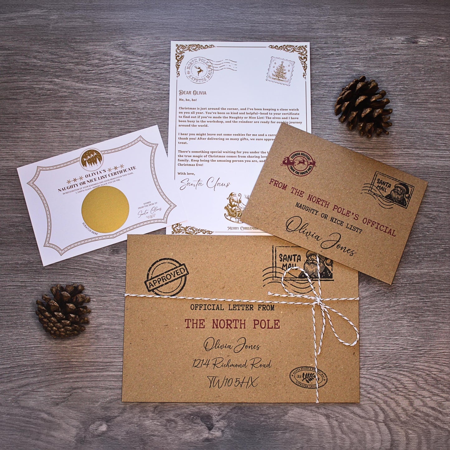 Personalised Letter From Santa & Scratch to Reveal Nice List Certificate for Kids Christmas Eve Box