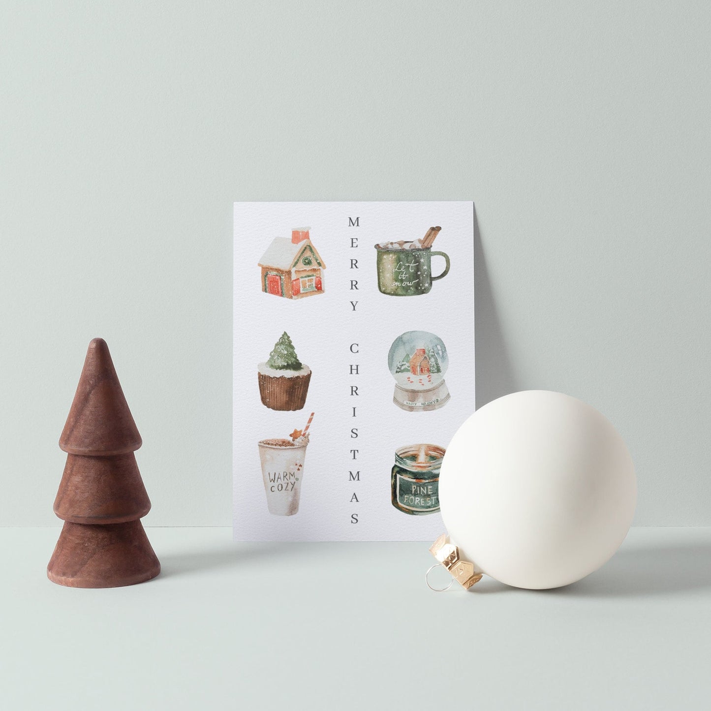 Watercolour Christmas Favourites Merry Christmas Card, Gingerbread House, Christmas Baking, Spiced Latte's, Hot Chocolates, Snow Globe Scene