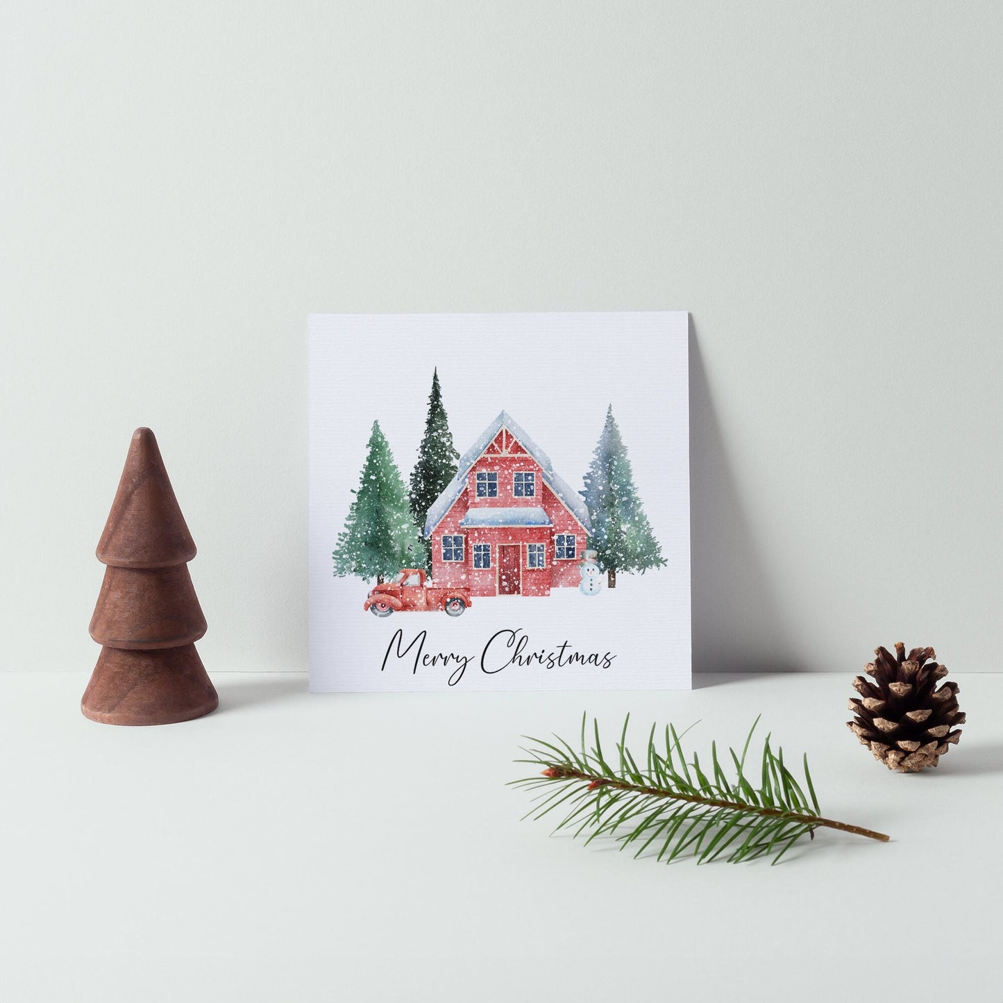 Merry Christmas Watercolour Winter Lodge Home Card Luxury Christmas Card for Wife & Husband Festive Holiday Greeting Card