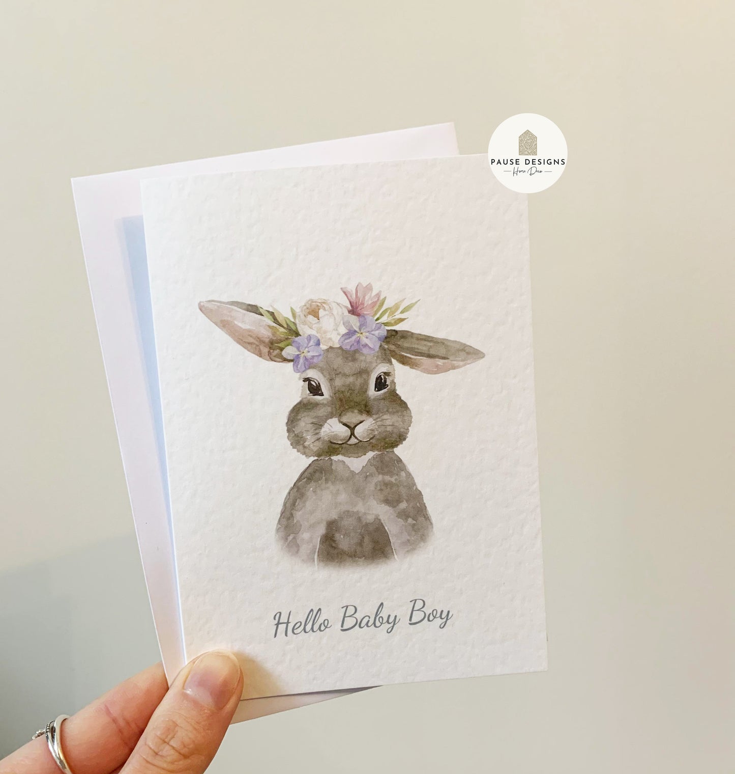 Hello Baby Boy Watercolour Bunny Rabbit New Baby Greeting Card