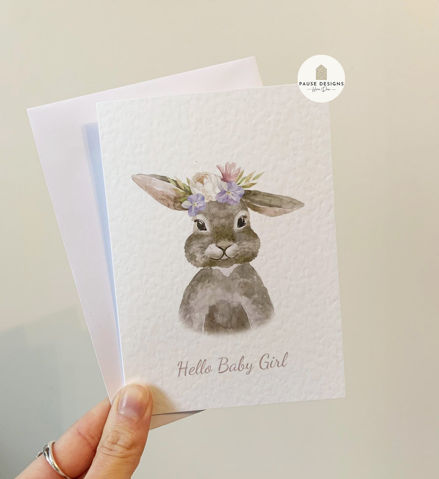 Hello Baby Girl Watercolour Bunny Rabbit New Baby Greeting Card