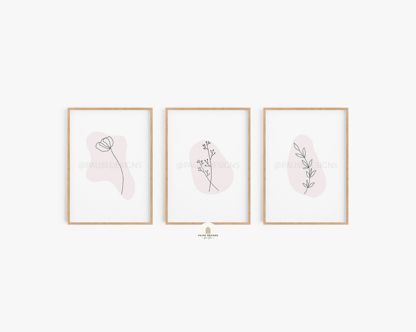 Set of 3 Abstract Flower Line Drawing Pink/Taupe Wall Art Print | Unframed Print