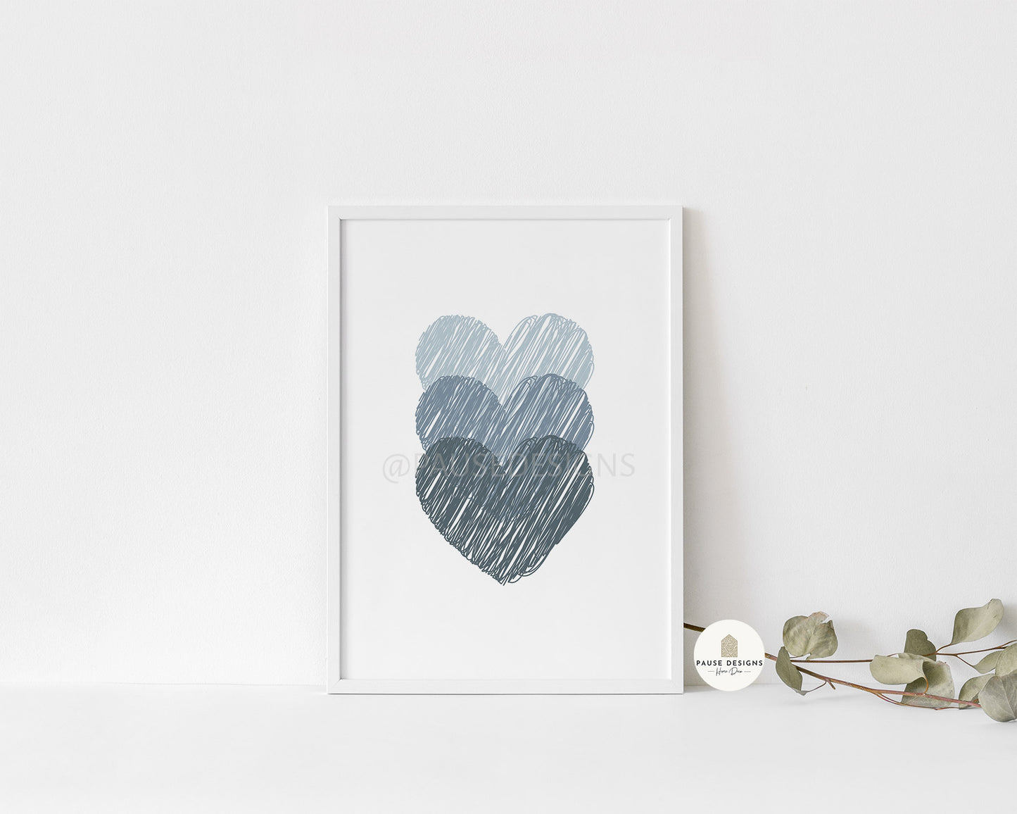 Triple Blue Scribble Hearts Wall Art Print | Unframed Print