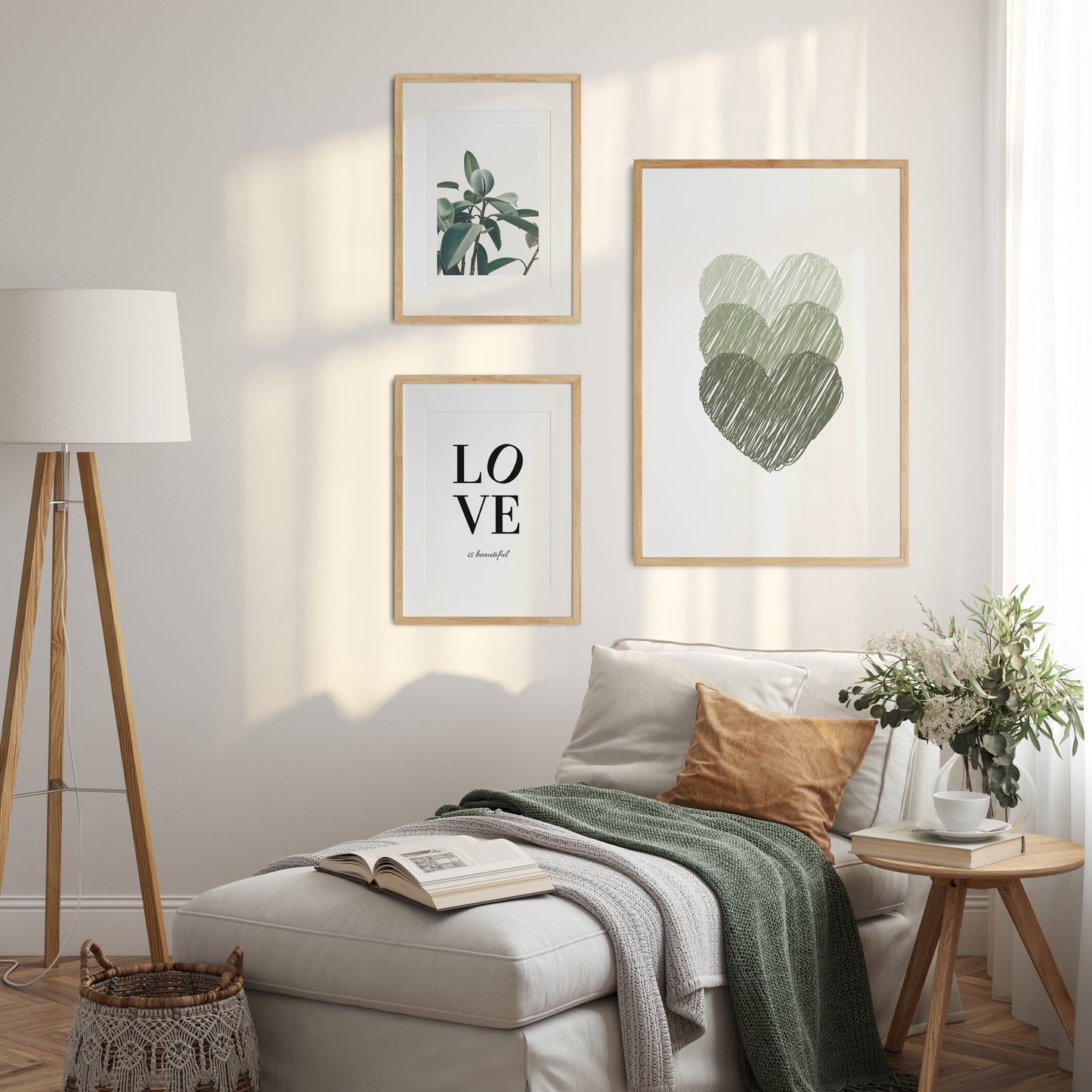 Triple Green Scribble Hearts Wall Art Print | Unframed Print