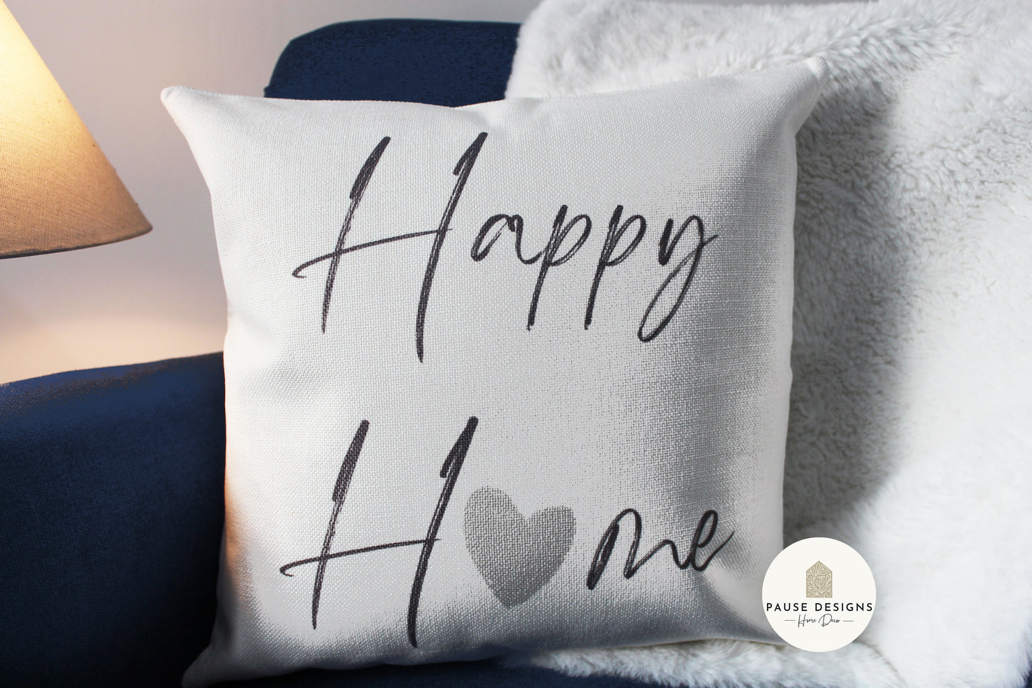 Happy Home Grey Heart Luxury Linen Style Cushion Cover