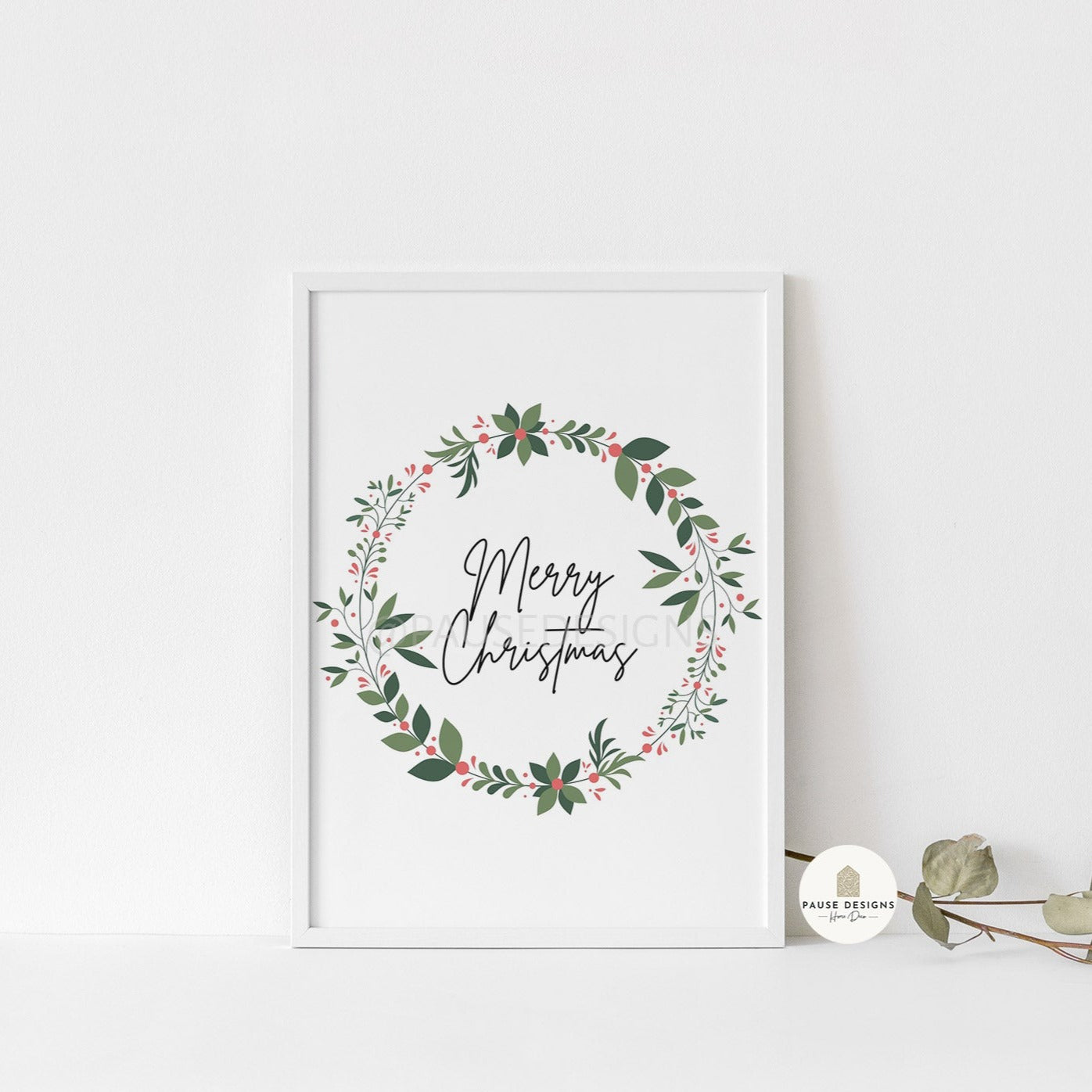 Merry Christmas Berry Wreath Typography Christmas Wall Art Print