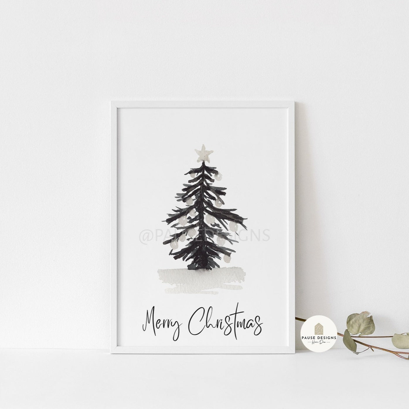 Merry Christmas Monochrome Black Christmas Tree Wall Art Print