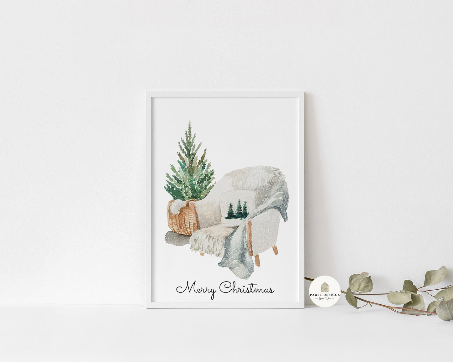 Cosy Chair & Christmas Tree Watercolour Wall Art Print | Unframed Print