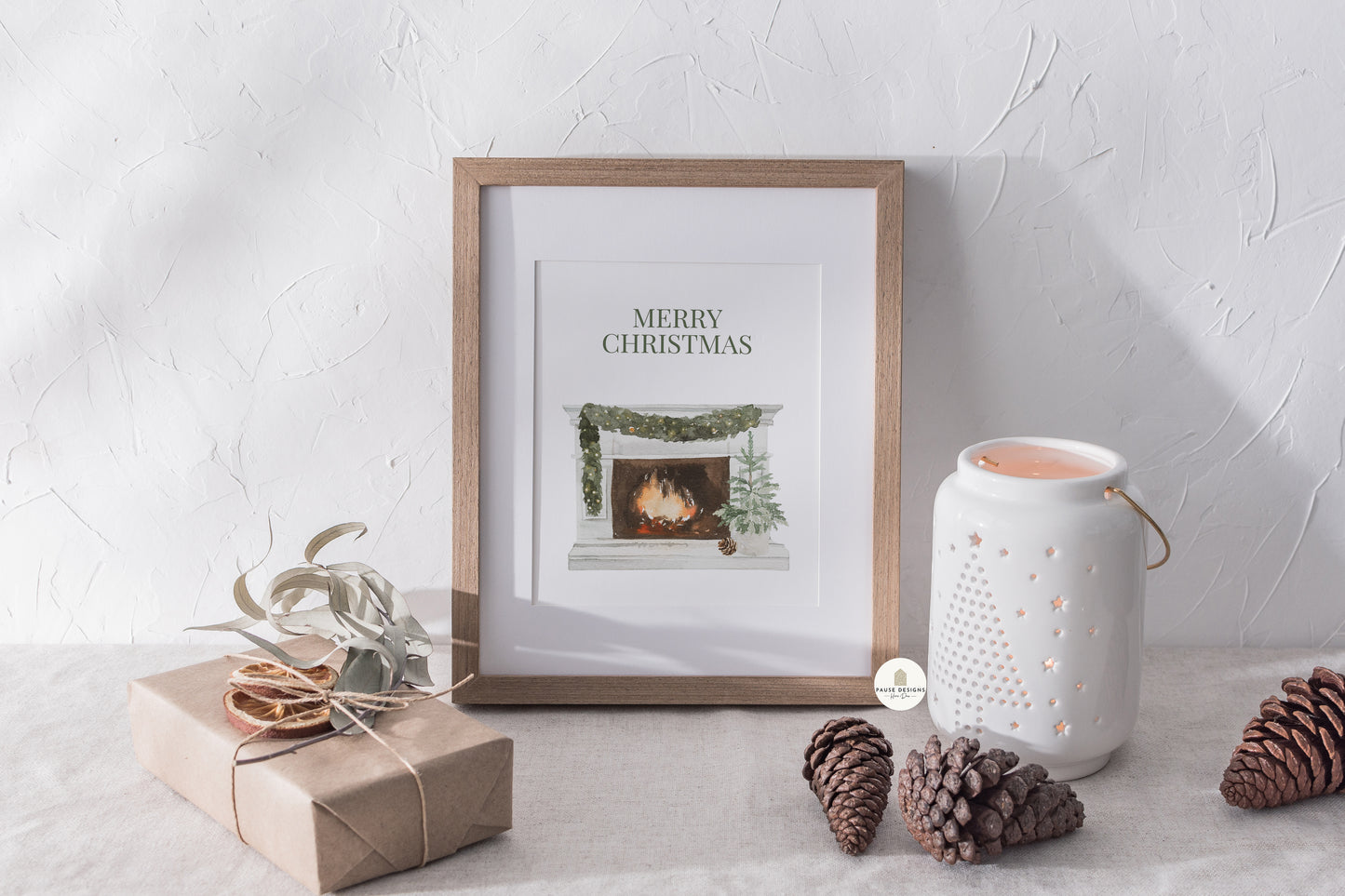 Watercolour Christmas Fireplace Merry Christmas Wall Art Print | Unframed Print