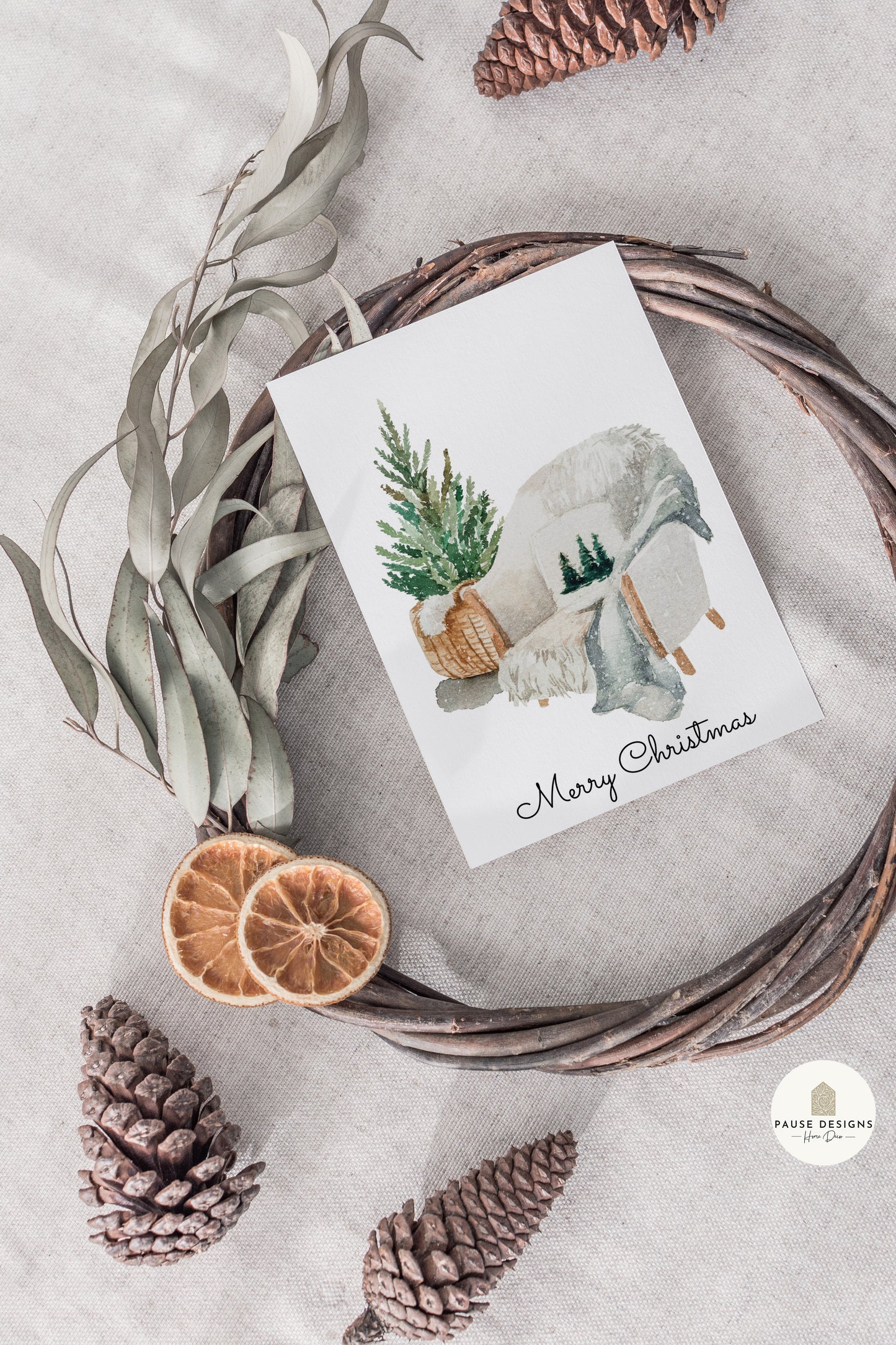 Cosy Chair & Christmas Tree Watercolour Wall Art Print | Unframed Print