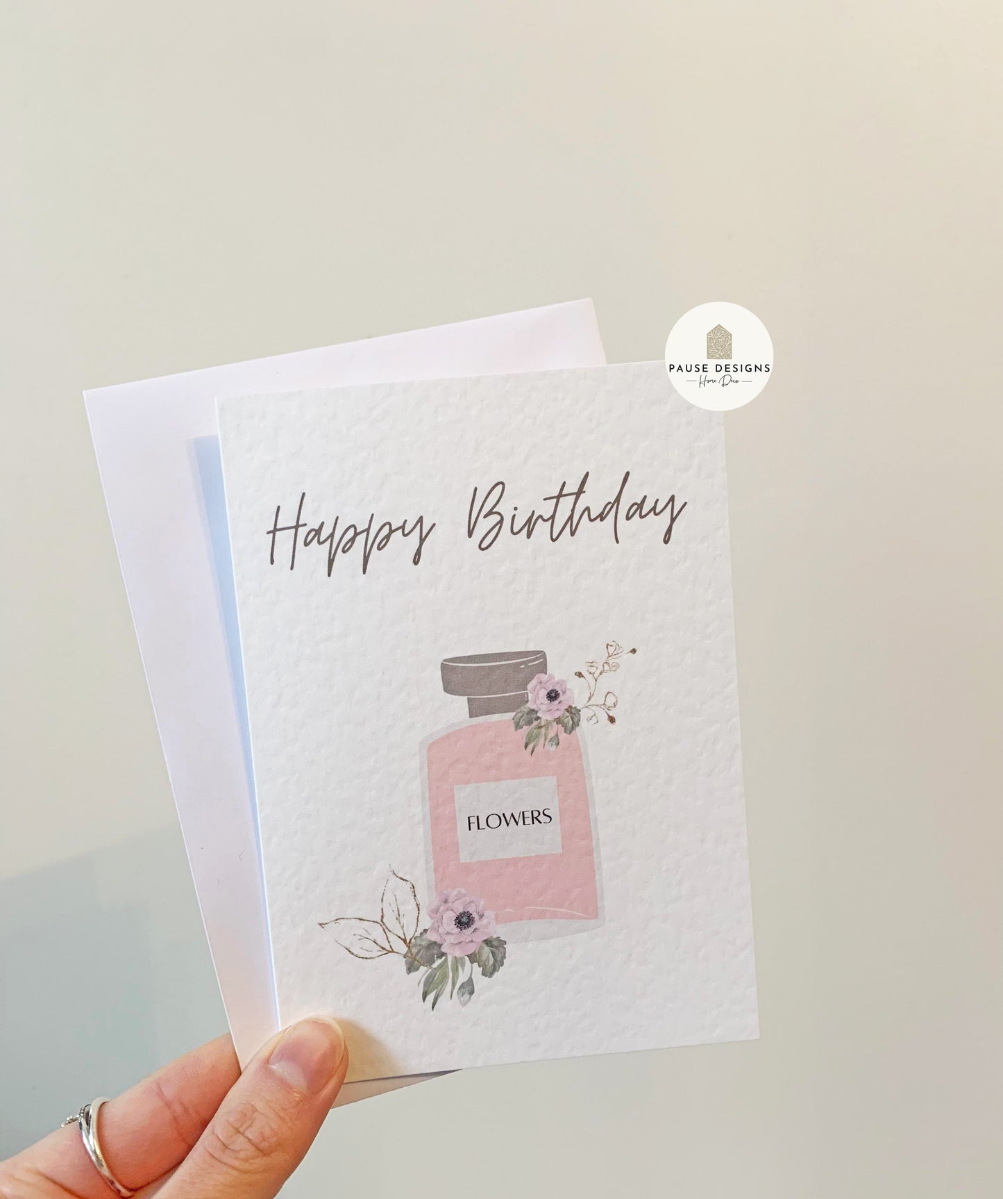 Happy Birthday Pink Perfume Bottle Floral Birthday Greeting Card