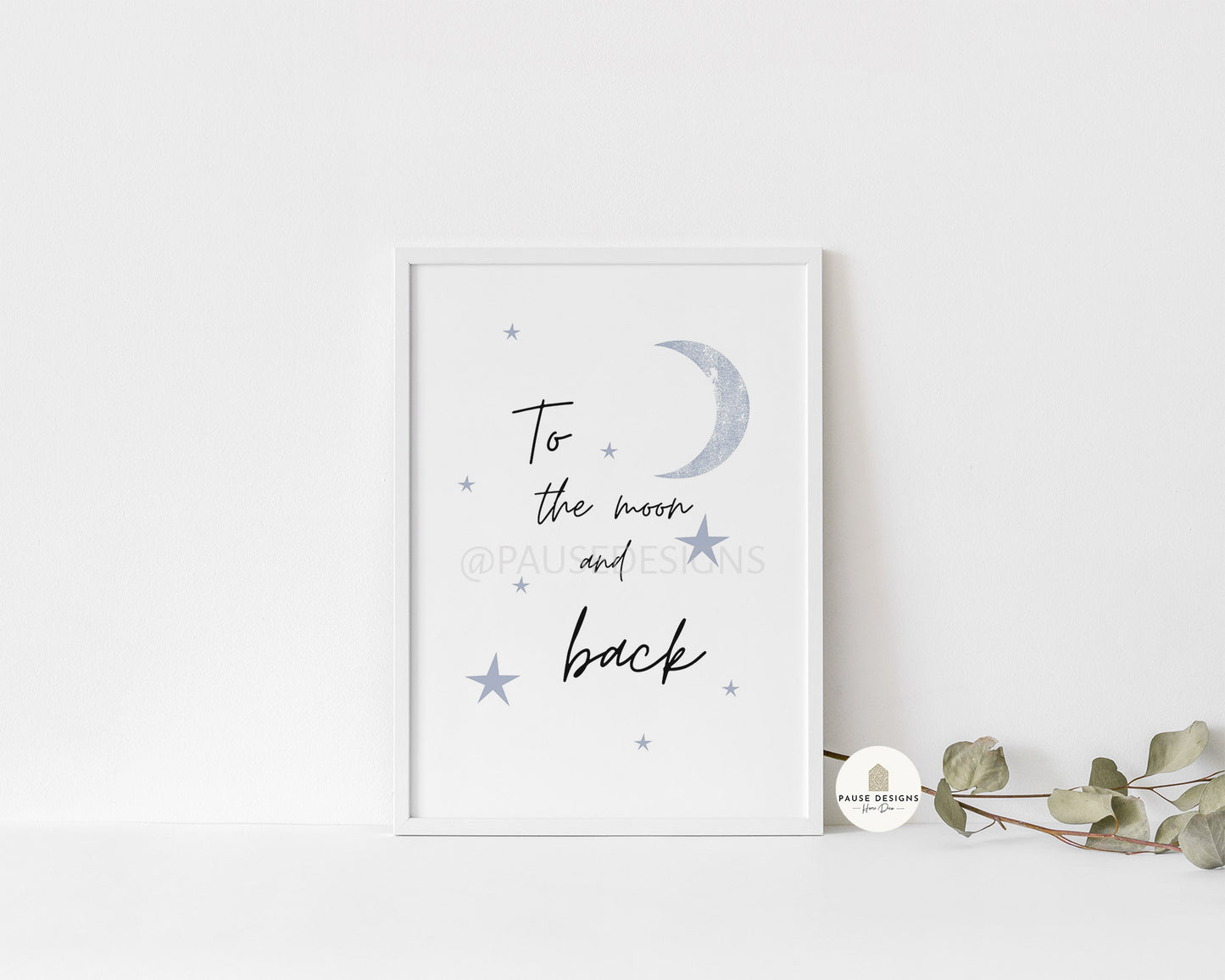 To The Moon And Back Grey Moon & Stars Wall Art Print | Unframed Prints