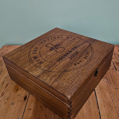 New Dad Survival Kit with Coffee or Tea Gift Set Options | Personalised First Fathers Day Baby Keepsake Memory Box Engraved Wooden Gift Box