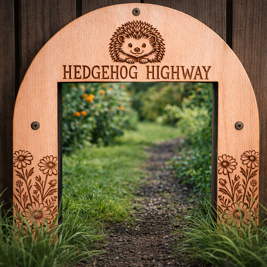 a wooden archway with a hedgehog design, situated in a garden setting with a path leading through the archway.