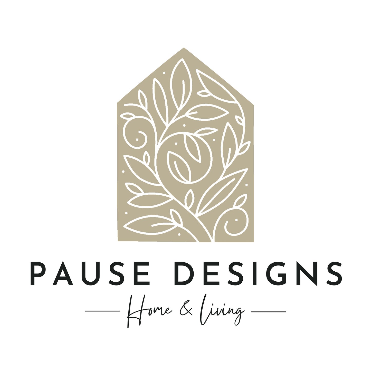 a logo for a company called "Pause Designs". The logo consists of a stylized house or building with a leafy tree design, accompanied by the company's name in a simple, elegant font.