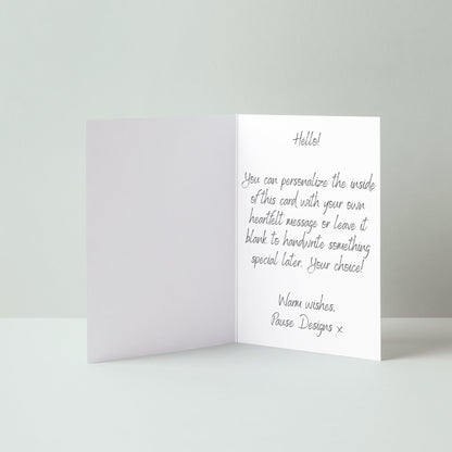 The image is a blank greeting card with a handwritten message welcoming the recipient.