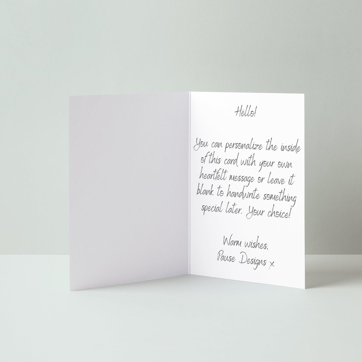 The image is a blank greeting card with a handwritten message welcoming the recipient.