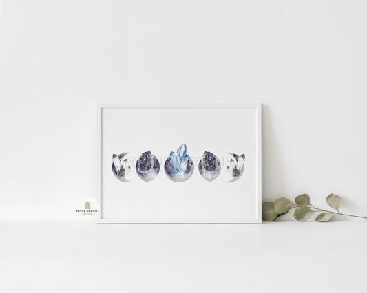 Purple Crystal Moon Phase Wall Art Print | Unframed Print