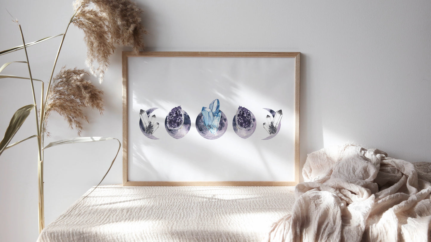 Purple Crystal Moon Phase Wall Art Print | Unframed Print