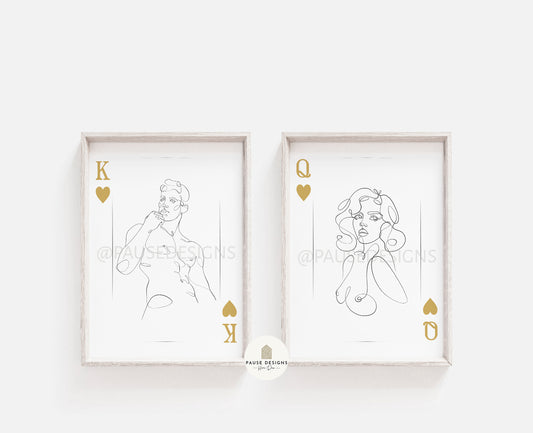King and Queen of Hearts Line Drawing Set of 2 Wall Art Prints | Unframed Prints
