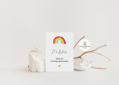 Personalised Rainbow Thanks For Being A Great Teacher Greetings Card