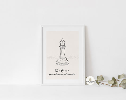 The Queen Goes Wherever She Wants Chess Line Drawing Wall Art Print | Unframed Print