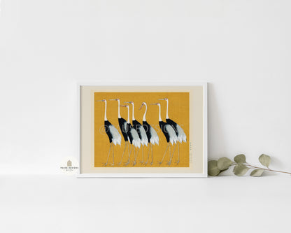 Flock Red Crown Japanese Cranes Wall Art Print | Unframed Print