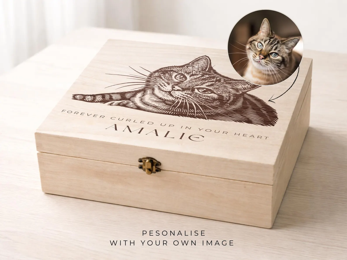 Personalised Cat Memorial Keepsake Box | Bespoke Wooden Engraved