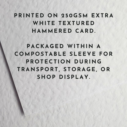 Printed on 250gsm extra white textured hammerred card.