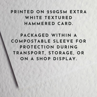 Printed on 250gsm extra white textured hammerred card.