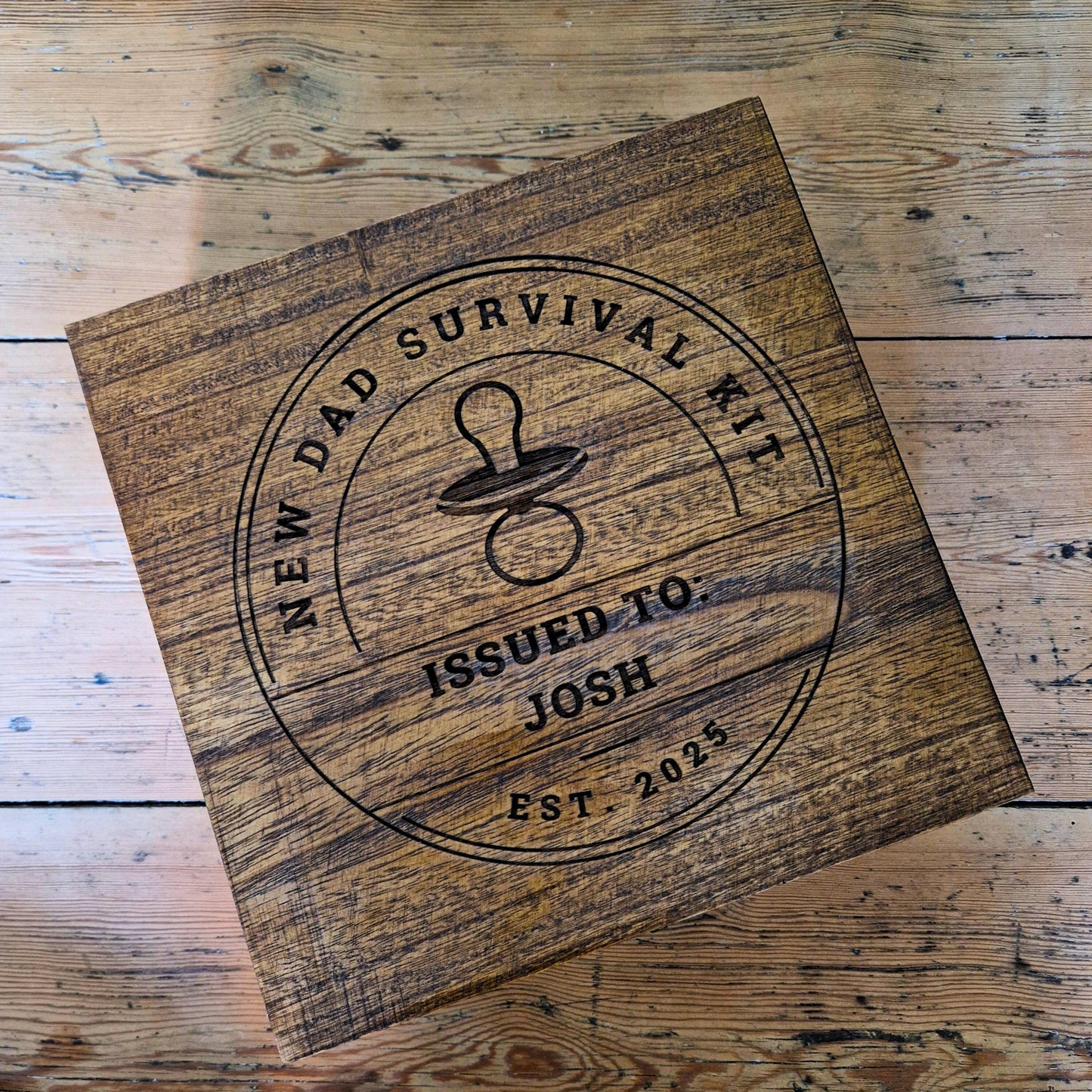 New Dad Survival Kit with Coffee or Tea Gift Set Options | Personalised First Fathers Day Baby Keepsake Memory Box Engraved Wooden Gift Box