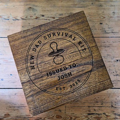 New Dad Survival Kit with Coffee or Tea Gift Set Options | Personalised First Fathers Day Baby Keepsake Memory Box Engraved Wooden Gift Box