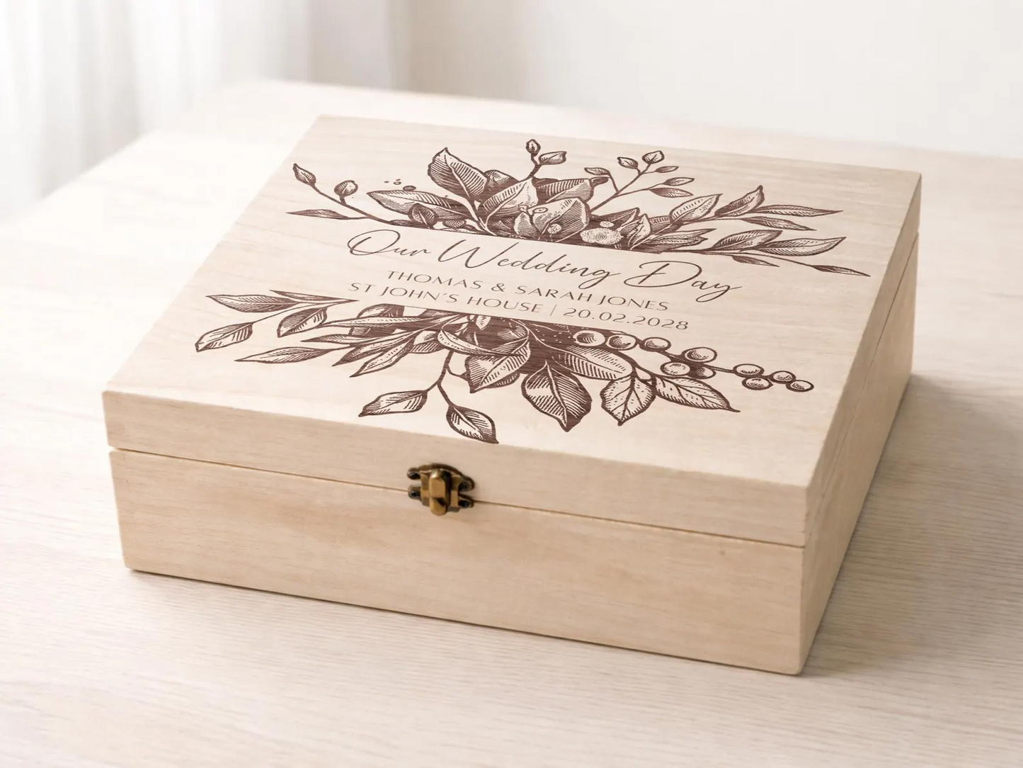 Personalised Engraved Eucalyptus Wedding Venue Wooden Memory Box - Keepsake Gift