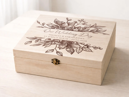 Personalised Engraved Eucalyptus Wedding Venue Wooden Memory Box - Keepsake Gift