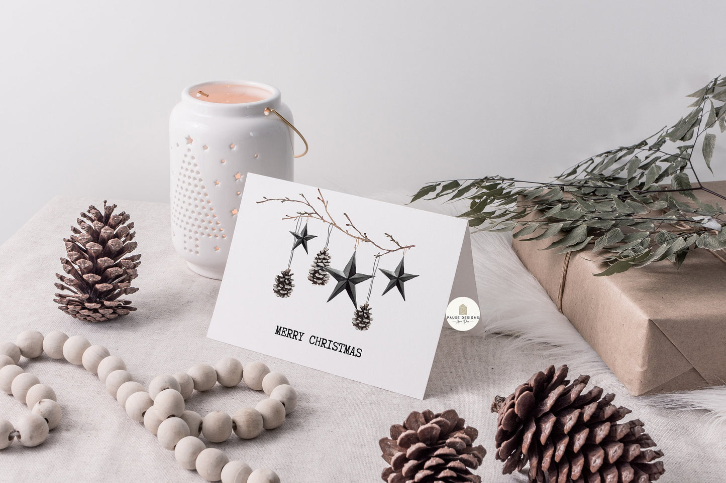 Monochrome Merry Christmas Stars & Pinecones Christmas Card | Christmas Card Wife | Christmas Card Husband | A6 Card | Christmas Card |