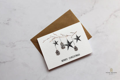 Monochrome Merry Christmas Stars & Pinecones Christmas Card | Christmas Card Wife | Christmas Card Husband | A6 Card | Christmas Card |