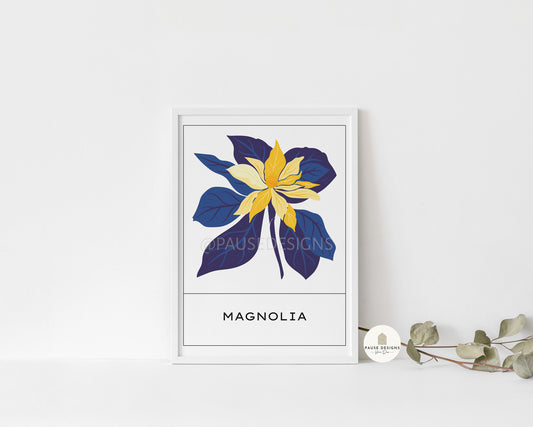 a picture of a blue and yellow flower on a white wall