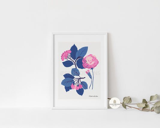 a picture of a pink and blue flower on a white wall