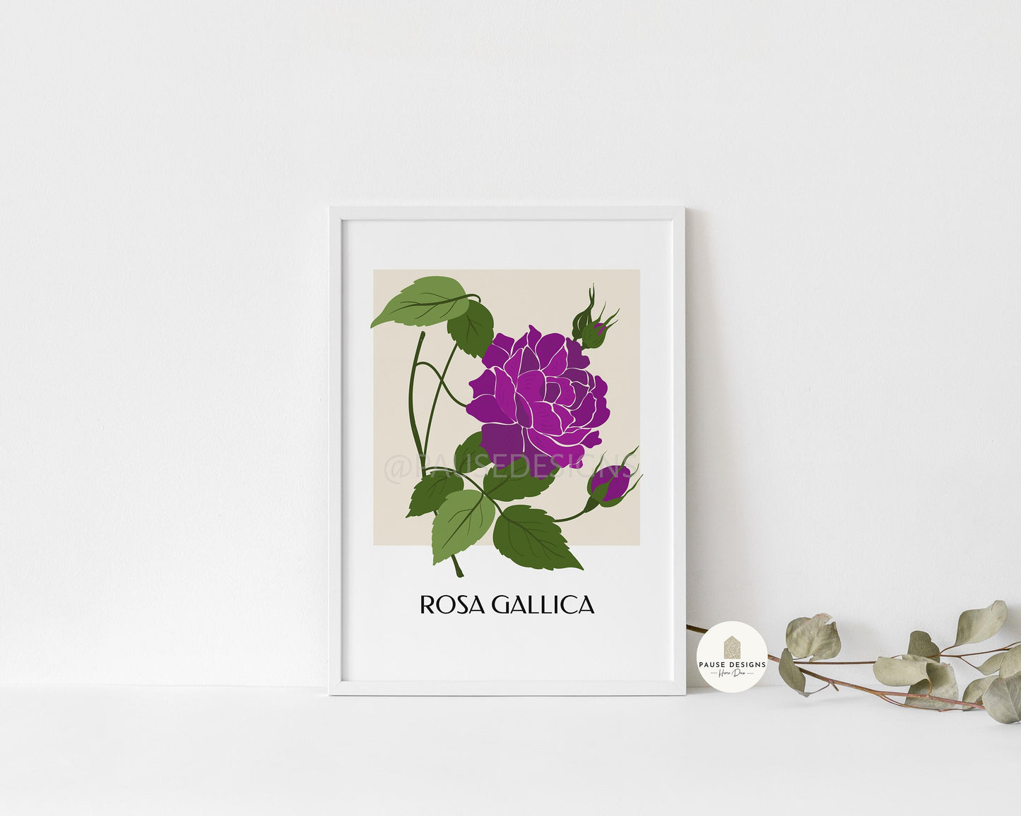 a picture of a purple flower on a white wall