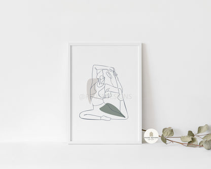 a picture of a woman sitting on a shelf next to a plant