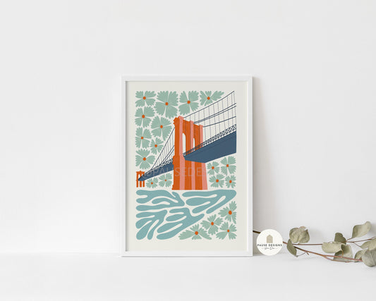 Brooklyn Bridge, New York, Modern Abstract Travel Wall Art Print | UNFRAMED PRINTS | Home Decor | A3/A4/A5  Prints | Prints for Framing