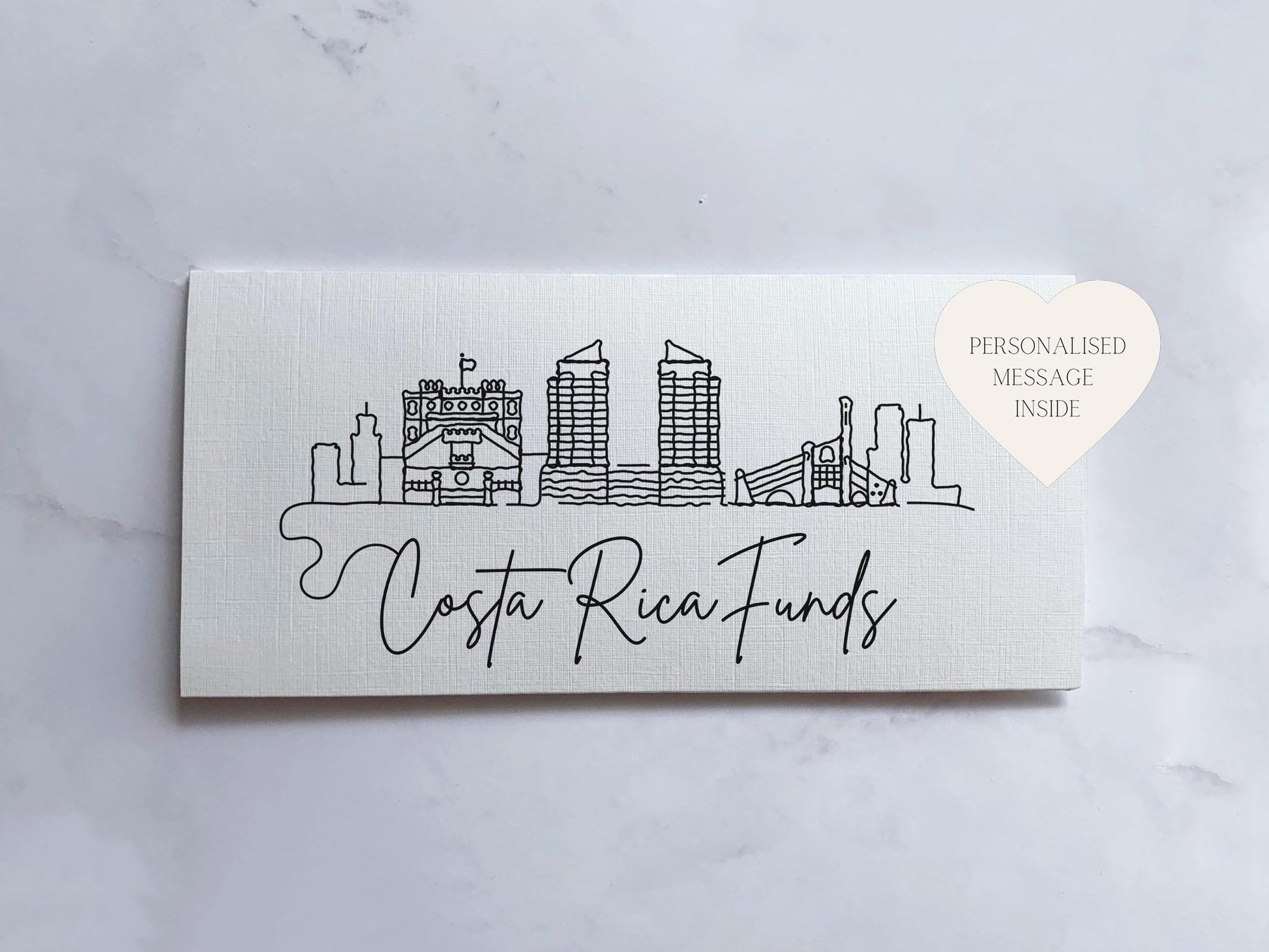 a white card with a city skyline drawn on it